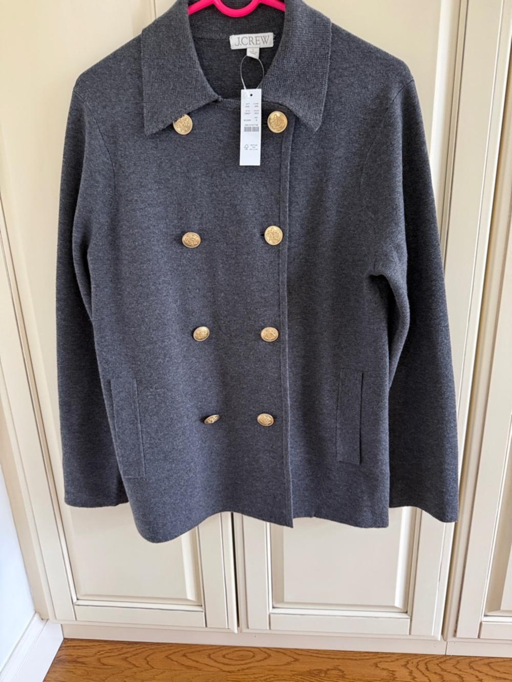 J Crew sweater jacket charcoal gray double breasted gold buttons. New/ticket on